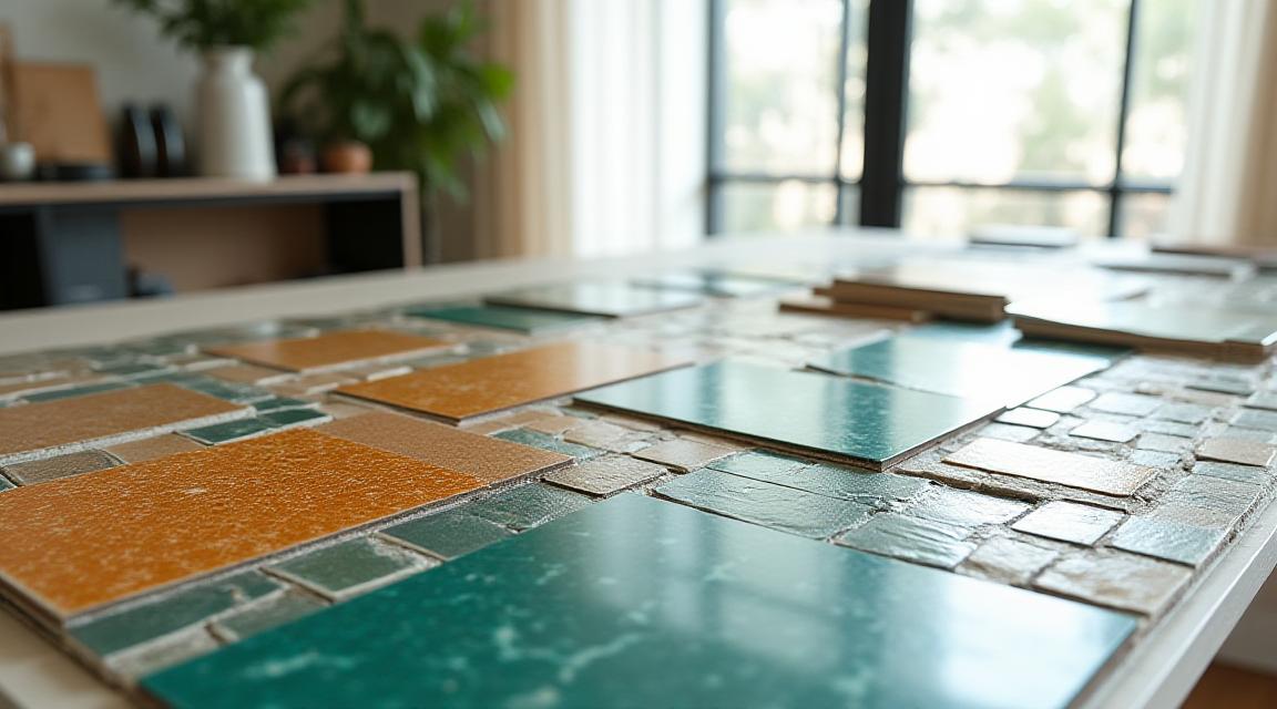 Close up of artisanal ceramic tiles with complex textures and deep glazes