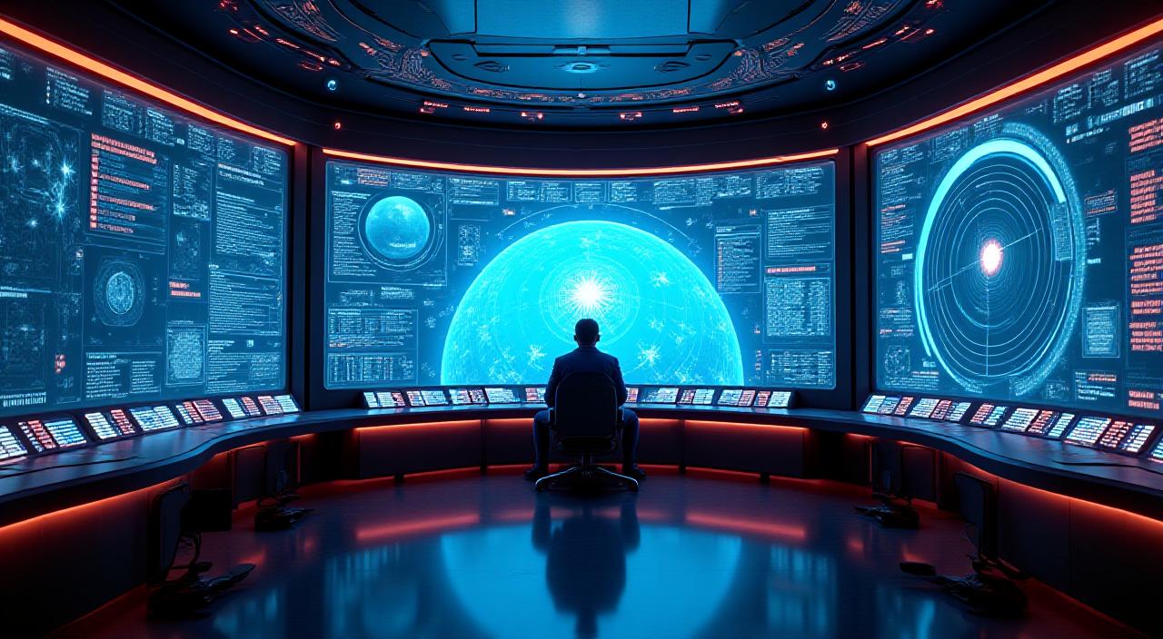 Futuristic satellite command center with holographic displays