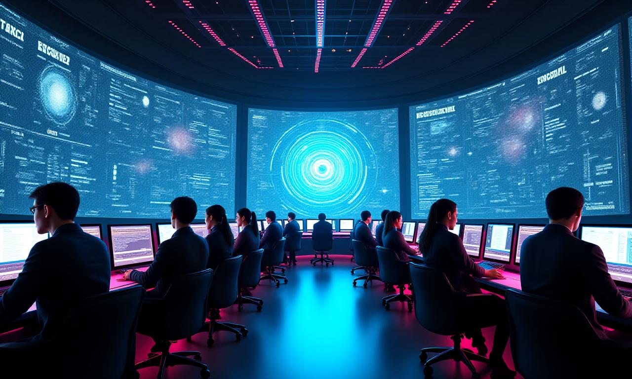 Team of data scientists working in a futuristic command center