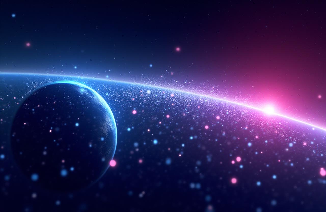 Abstract visualization of interconnected space data streams and orbital paths